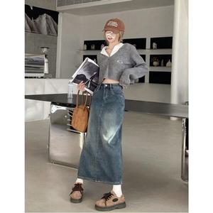 가을 데님 기모 롱스커트 캐주얼 슬림핏 라인치마 남색 롱치마 4계절