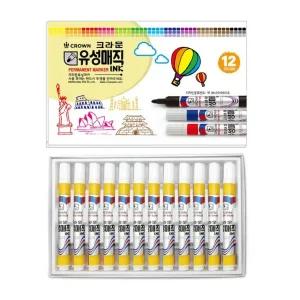 크라운 유성매직 단색 노랑색 12개입 ( 사무용품 문구 유성펜 고급잉크 둥근닙