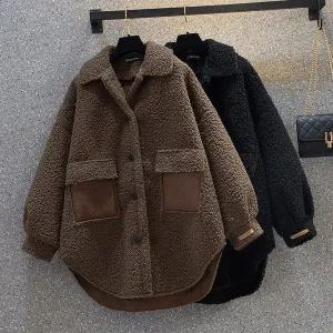 누빔 퀼팅 퀼트 자켓 재킷 점퍼 코트 부클 루즈핏 여성 양털 가을 겨울 시크 홍콩 스타일 디자인 단색 무지