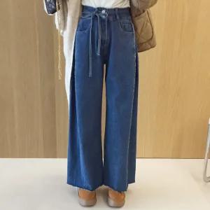 두컬러 투버튼 하이웨스트 허리끈 사이드 핀턱 와이드 흑청 진청 데님 청바지 (2color)