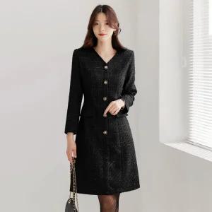 [시크라인] (~XXL까지) 파넬트 브이넥 펄믹스 트위드 원피스 겨울 하객룩 오피스룩 연말룩 모임룩 격식룩 빅사이즈