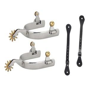 MORECP 웨스턴 카우보이 스퍼스, 6홀 스퍼스 벨트와 짝을 이룬 코퍼 로웰과 함께한 회전식 기어가 장착된 스테인리스 스틸 호스 승마를 위한 남성 여성 말 부츠