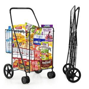 바이로스 접이식 쇼핑 카트, 더블 바스켓이 있는 바퀴 달린 점보 식료품 휴대용 핸들 및 롤링 회전 바퀴, 세탁 책 여행 수하물용 헤비 듀티 유틸리티 카트(블랙)