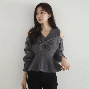 [미나그램] 옐루 프릴 트임 리본니트