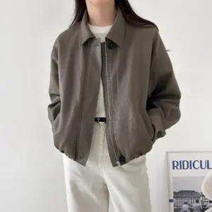 여성 레더 힙무드 루즈핏 카라 스트링 자켓