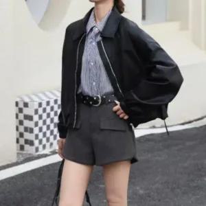 여성 카라넥 루즈핏 스트링 가죽 블루종 자켓