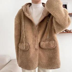 여자 겨울 털잠바 포켓 오버핏 버튼 하프 후드 점퍼