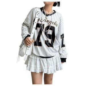 보드럼 여성용 Y2K 저지 셔츠 오버사이즈 스트라이프 T 레터 번호 그래픽 상의 브이넥 긴팔 티셔츠