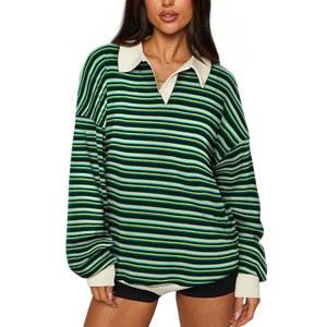 여성용 REORA 오버사이즈 스웨트셔츠 트렌디 가을 패션 2025 Y2K 스트라이프 긴팔 풀오버 럭비 셔츠 상의