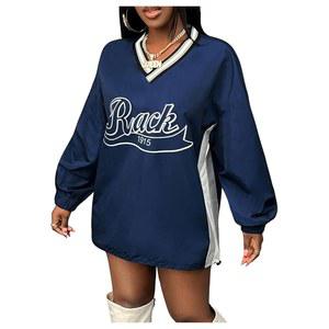 로즈시크 여성용 오버사이즈 그래픽 스웨트셔츠 컬러 블록 V넥 긴팔 풀오버 프레피 저지 상의