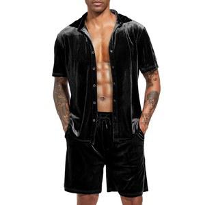 렉기 남성 여름 캐주얼 숏 세트 벨벳 반팔 버튼 다운 셔츠 엘라스틱 허리 반바지 2피스 의상 트랙수트