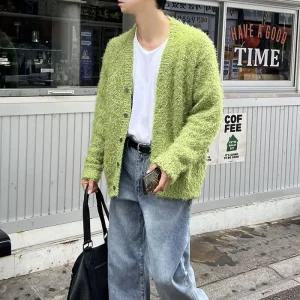 남자 브이넥 오버핏 모헤어 도톰 부클 니트 가디건