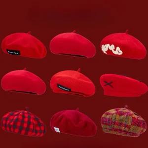 빨간베레모 여성용 빵모자 니트 화가 모직