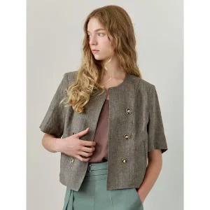 [마쟈]린넨 글렌체크 라운드넥 반팔 자켓_P405050255