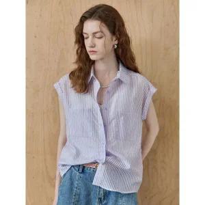 [마쟈]시어서커 스트라이프 캡소매 셔츠 블라우스_P398416262