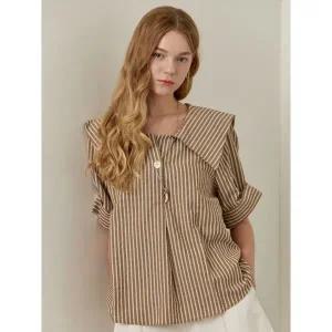 [마쟈]시어서커 스트라이프 세일러 카라 블라우스 화이트 브라운 _P404263944