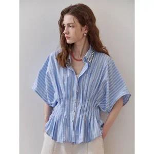 [마쟈]큐빅 카라 페플럼 스트라이프 셔츠 블라우스_P401573979