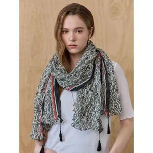 [마쟈]에스닉 패턴 배색 링클 코튼 태슬 롱 스카프_P400467856
