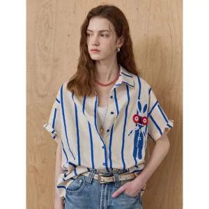 [마쟈]토끼 자수 블루 스트라이프 반팔 셔츠 블라우스_P397471653
