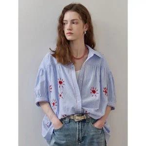 [마쟈]컬러 자수 시어서커 스트라이프 셔츠 블라우스_P396245412