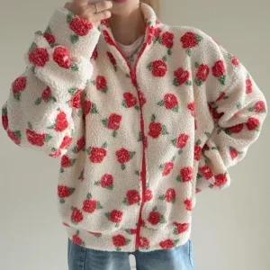 여성 빅사이즈 퍼플라워 컬러 배색 하이넥 양털 점퍼