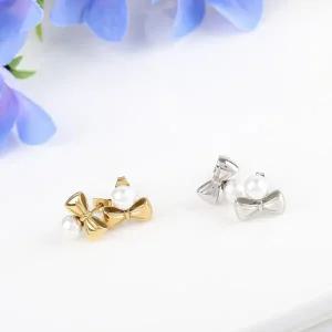 [골드스마일]시후주얼리 크리스탈진주 리본 쁘띠 써지컬스틸 귀걸이 TN045E