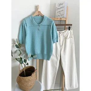 [하프클럽/샵앤]여성 세일러 카라 단추 반팔 니트 티셔츠 DGB-WKN-4319-블루