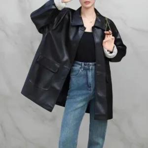 여성 힙무드 스트라이프 안감 루즈핏 가죽 반팔 자켓