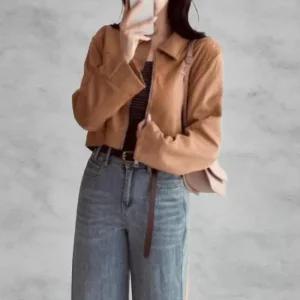 여성 캐주얼 스웨이드 집업 카라넥 크롭 재킷