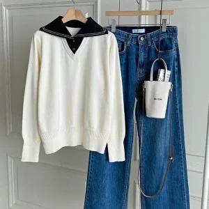 [하프클럽/]여성 레이온 세일러 카라 긴팔 레이어드 니트