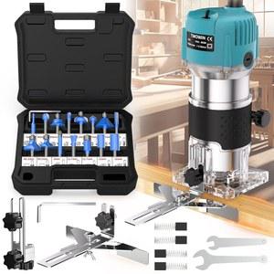 투윈 라우터 도구, 목공용 110V 800W 컴팩트 야자수 전동 핸드 트리머 1/4인치 콜렛 목공 도구 라미네이트 + 15개의 비트가 포함된 텅스텐 카바이드