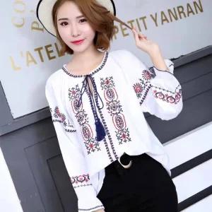 펀칭 크롭 린넨 오프숄더 흰색 블라우스 Cheshanf 민족 보호 자수 긴 소매 숙녀 풀오버 상의 여름 가을
