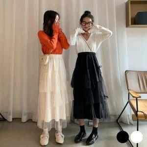 [하프클럽/]옆리본끈 시스루 롱스커트컴포트