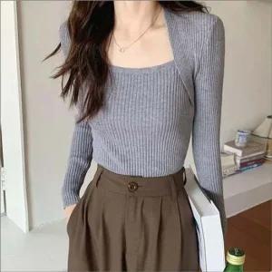 여자 스퀘어넥 볼레로 레이어드 슬림핏 골지니트 긴팔 5색