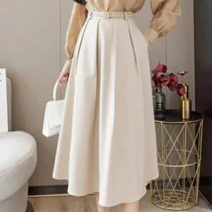 여성 고급 하객룩 핀턱 주름 벨트 롱스커트 롱치마 WFHVZD8