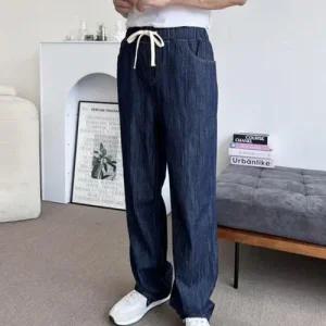 남성 여름 데일리 린넨 데님 밴딩 와이드팬츠 바지 WFHVZ9C