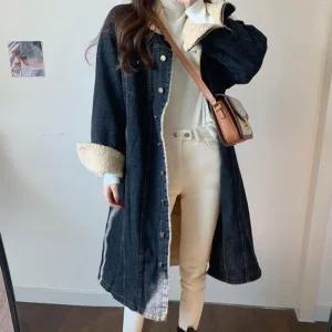 [라일리여성의류] Rly 뽀글이 안감 롱 청 코트 데님 자켓 블랙