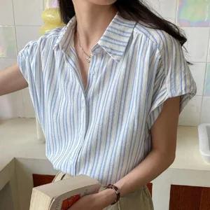 [라일리여성의류] Rly 스트라이프 반팔 셔츠 블라우스 캡소매 카라넥 여