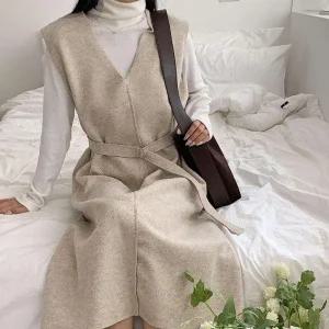 [다잇템] 여자 슬리브리스 스트랩 롱 무지컬러 헤링본 폭신 원피스_23771360_588872