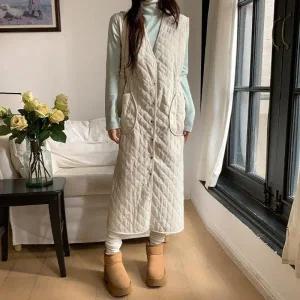 [다잇템] 여성 V넥 슬리브리스 롱 주머니 캐쥬얼 버튼 퀼팅 원피스_23771362_588872