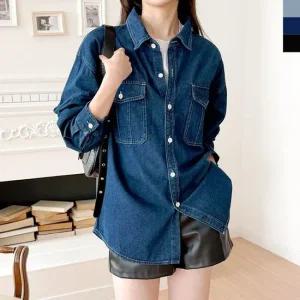 여자 키치무드 더블포켓 데님 루즈핏 청 남방