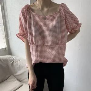 빅사이즈 206 체크반팔스퀘어블라우스 DGOK021