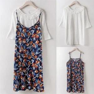 빅사이즈 여성 주름레이스티 나시원피스 세트 H213269