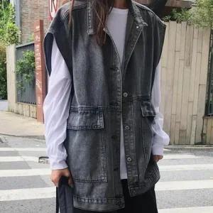 [라일리여성의류] Rly 청 데님 조끼 데일리 오버핏 카라 블랙  43296161)