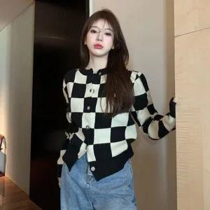 [라일리여성의류] Rly 여성 체크 패턴 일상 라운드 가디건 니트 L 0