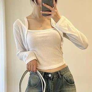 [옷자락]여자 드레이프 슬림핏 끈나시 볼레로 가디건 세트