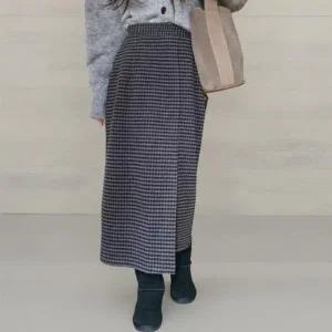 KMK17CD여성 체크 패턴 롱 스커트 일자핏 밴딩 모직 데일리 룩
