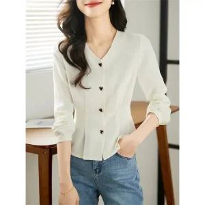 펀칭 크롭 린넨 오프숄더 흰색 블라우스 여성용 캐주얼 긴팔 셔츠 V넥 단색 슬림 상의 봄 가을 스타일 DD93