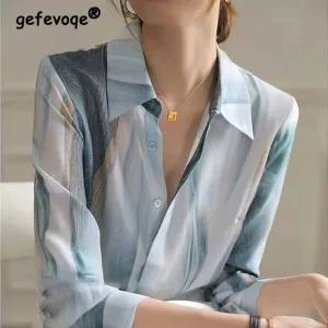 펀칭 크롭 린넨 오프숄더 흰색 블라우스 여성용 그라데이션 패치워크 쉬폰 셔츠 긴팔 상의 캐주얼 오피스