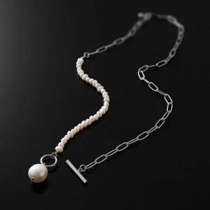 [골드스마일]고리 써지컬 담수진주 목걸이 심플 언발란스 실버